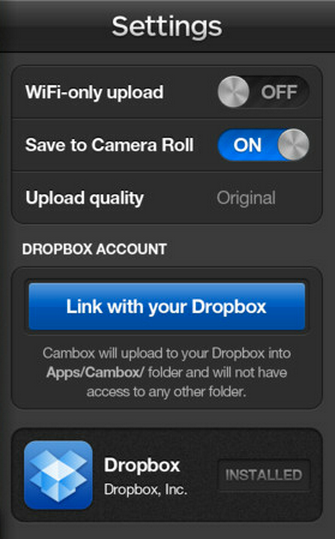 Cambox - camera to Dropbox for iPhone, iPod touch (4th generation), iPad 2 Wi-Fi, iPad 2 Wi-Fi + 3G, iPad (3rd generation) and iPad Wi-Fi + 4G on the iTunes App Store